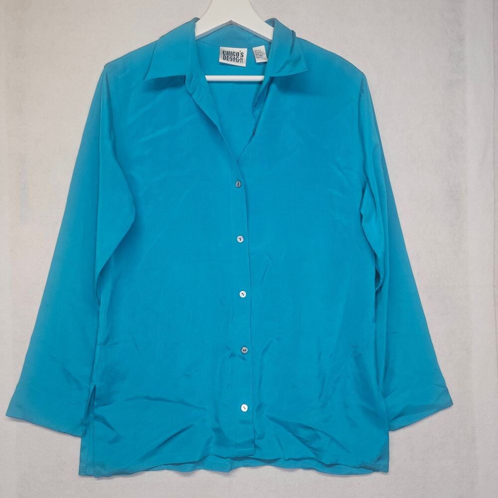 Vintage Chico's Design Blue Silk Blouse Long Sleeve Button Up Top Size 0 / S 4-6
